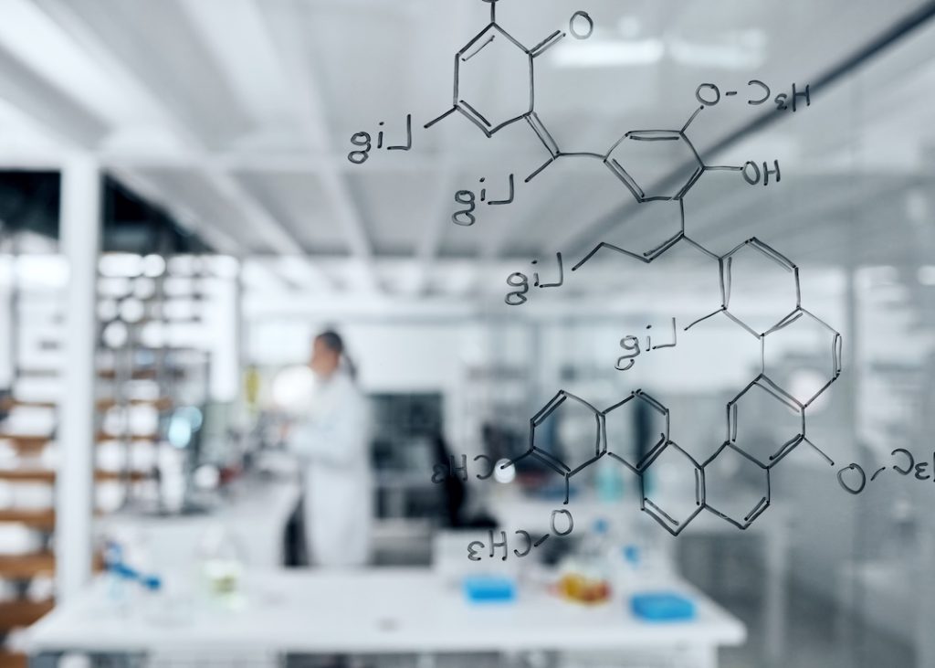 Research, medical or healthcare science or chemistry formula writing on glass window for DNA, innov.